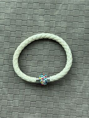 White Braided faux Leather Bracelet with Multicolor Rhinestone Charm